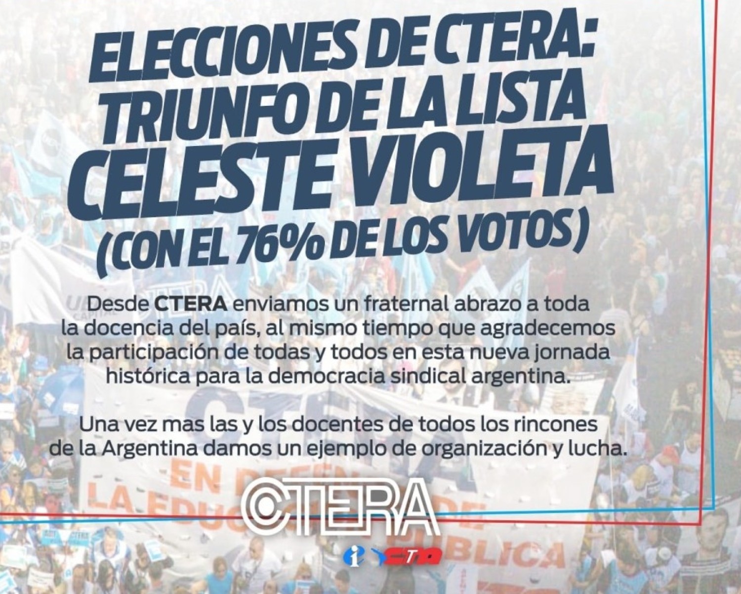 Contundente triunfo de la Lista Celeste Violeta: gan&oacute; con m&aacute;s del 76% en todo el pa&iacute;s