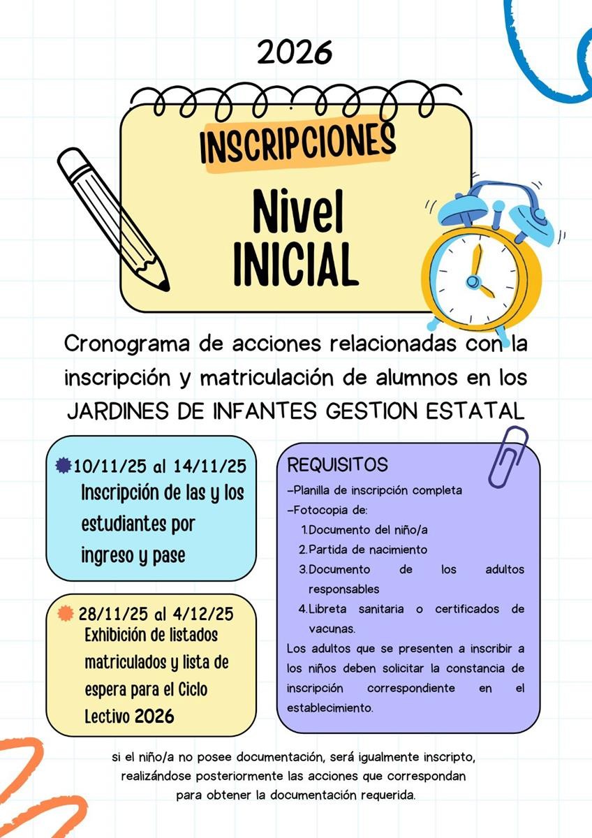 Cronograma de inscripción y matriculación para Jardines de Infantes en Coronel Rosales