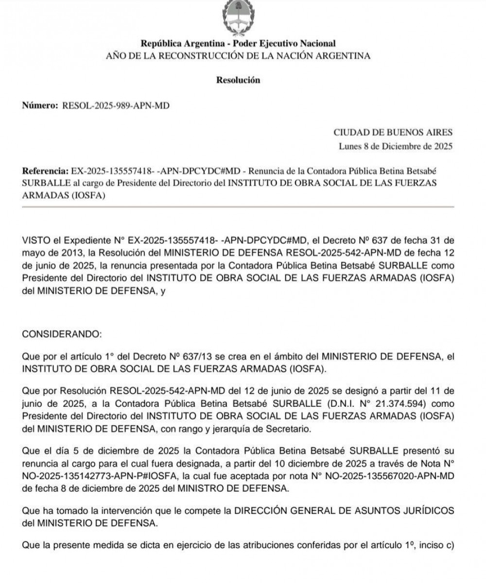 Renunció la Presidenta de Instituto de Obra Social de las Fuerzas Armadas (IOSFA).Suspenden Dialisis en Rosales
