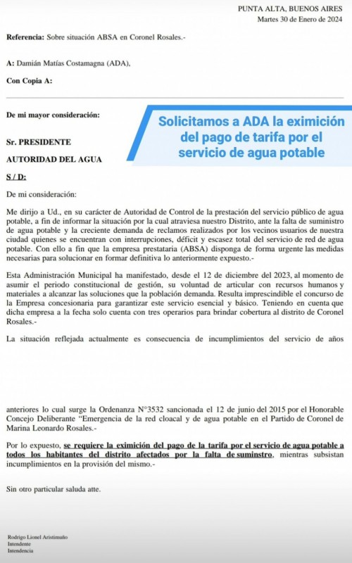 El municipio Solicita a ADA la eximicion de pago de tarifa por servicio de agua a damnificados de la ciudad.