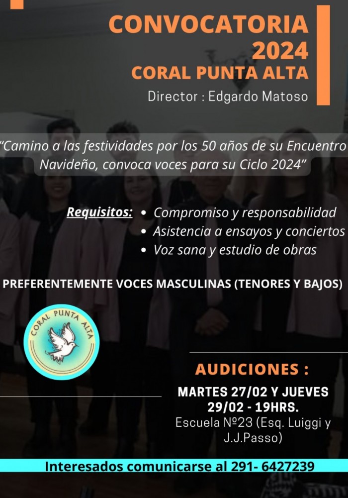 El Coral Punta Alta abre las inscripciones para incorporar voces a su staff