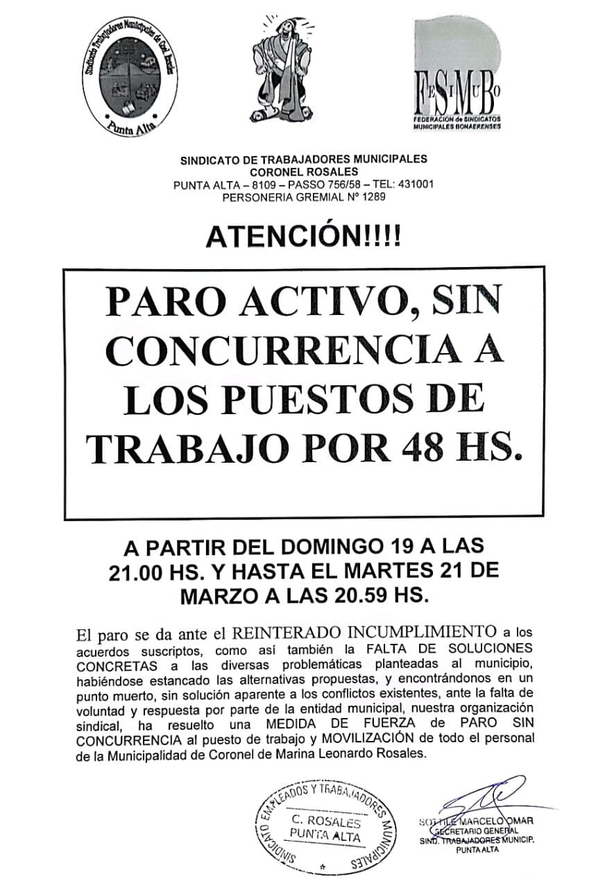 EL SINDICATO DE TRABAJADORES MUNICIPALES ANUNCIA PARO POR 48 HS