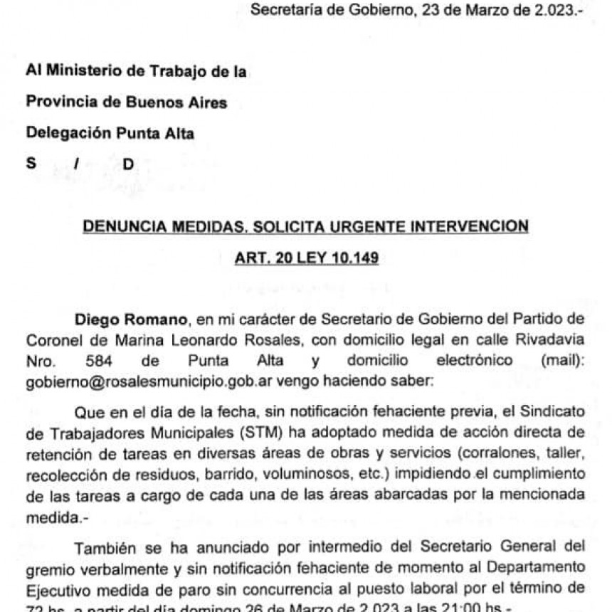 Intendente Uset: El ministerio de trabajo no responde a nuestra requisitoria