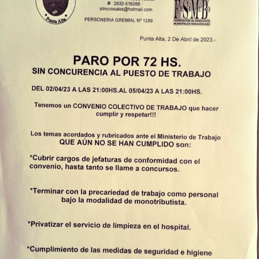 Nuevo paro de trabajadores municipales por 72 hs!!