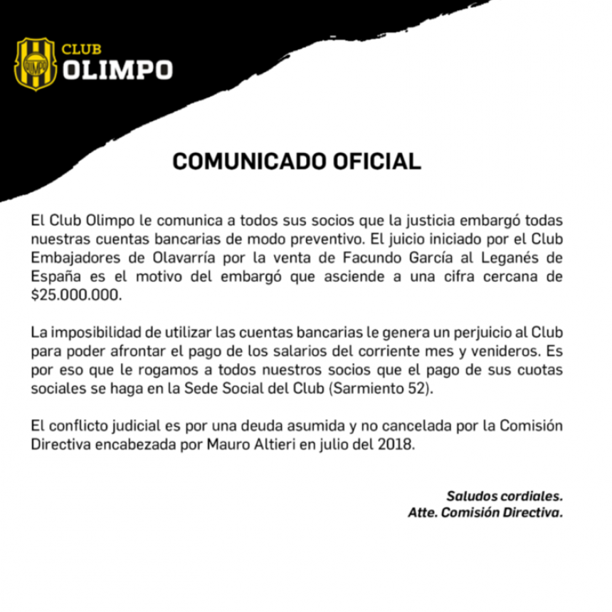 La Justicia le embarg&oacute; todas las cuentas al Club Olimpo