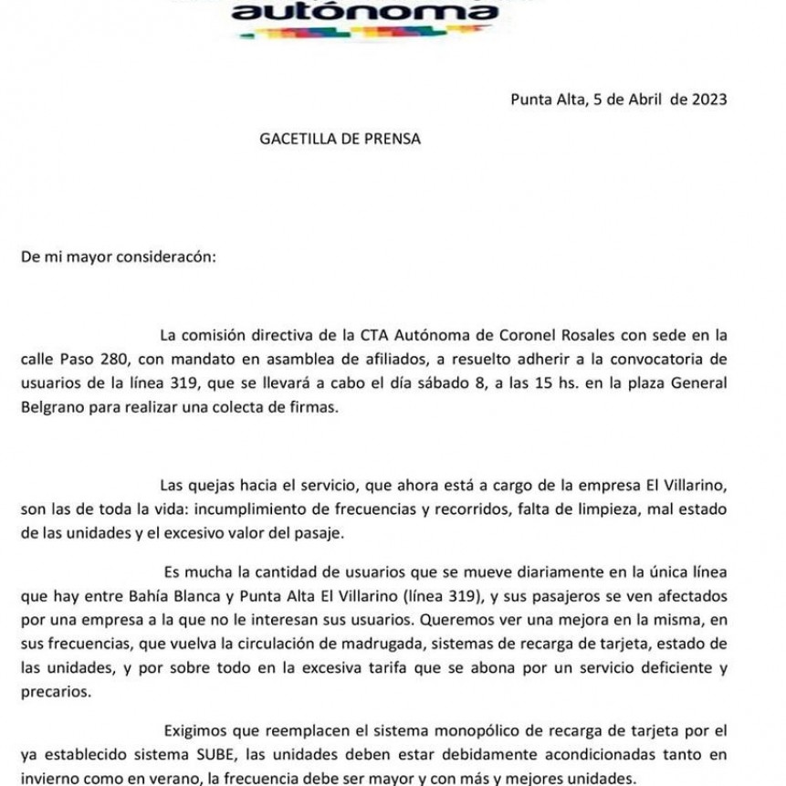 La CTA adhiere a los reclamos por la 319