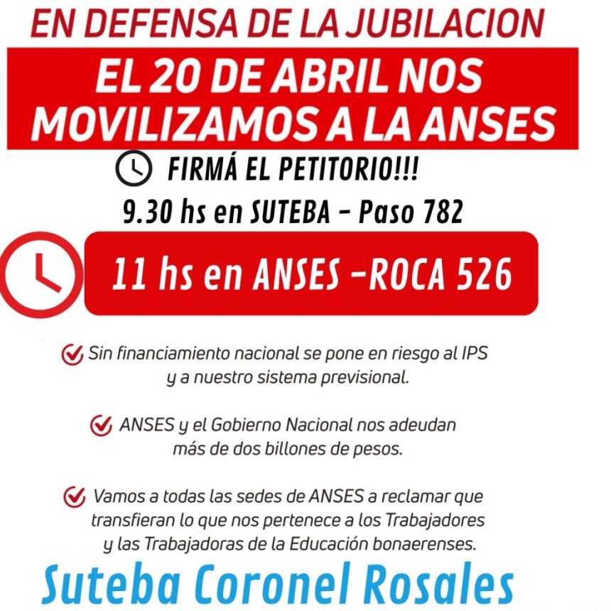 Movilizaci&oacute;n en defensa del sistema previsional: Suteba presentar&aacute; un petitorio en ANSES