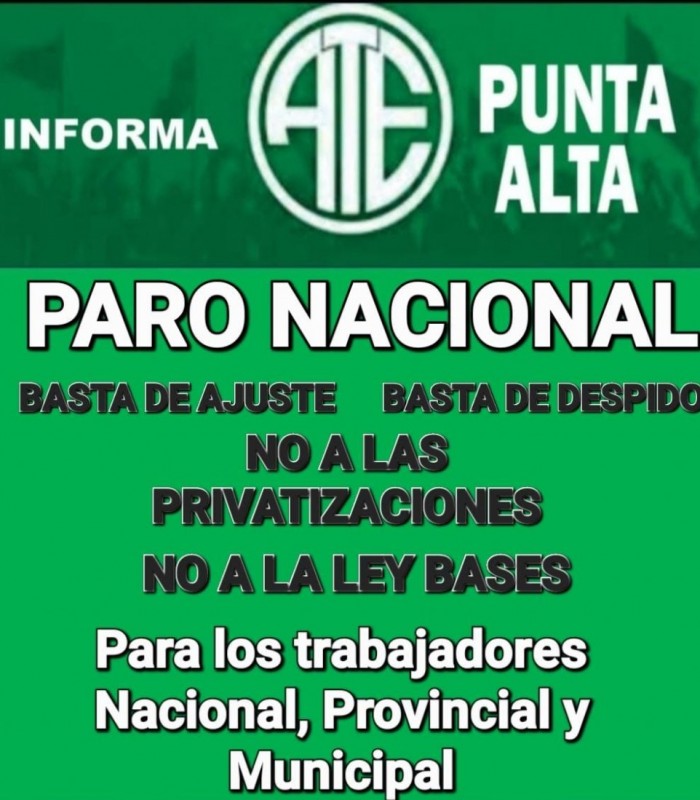 ATE  Adhiere al paro general del 9M