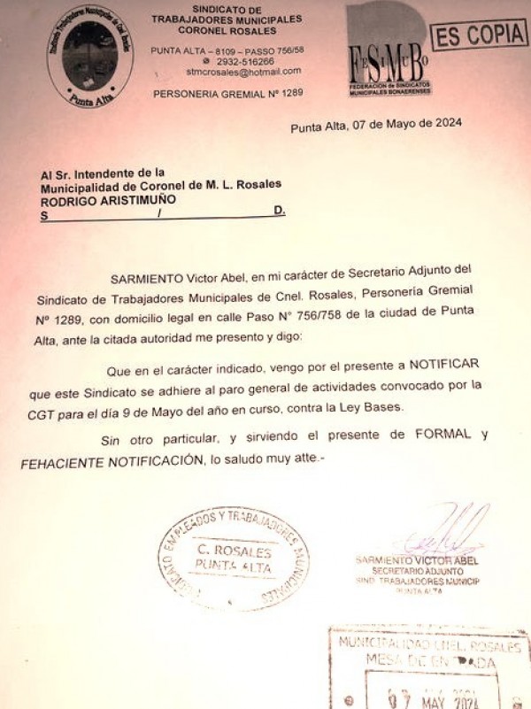 El sindicato de trabajadores municipales adhiere al paro nacional