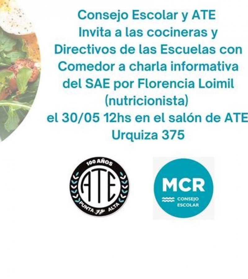 ATE y el Consejo Escolar dar&aacute;n una Charla Informativa sobre Nutrici&oacute;n Escolar