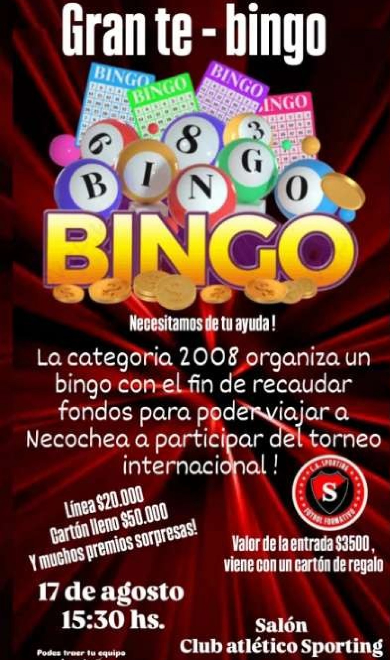 Categor&iacute;a 2008 de Sporting organiza Te Bingo para ir al Torneo Sur Cup en Necochea 2024