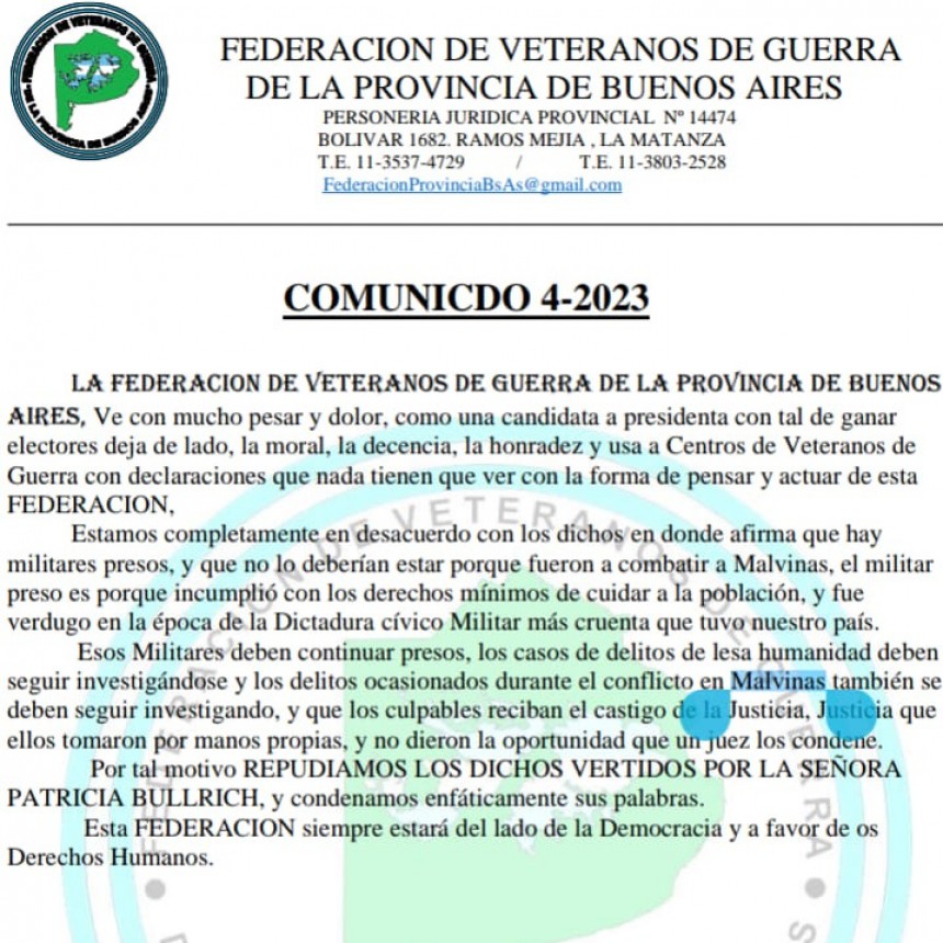 Fuerte Repudio de la Federacion de Veteranos de guerra por dichos de Patricia Bullrich 
