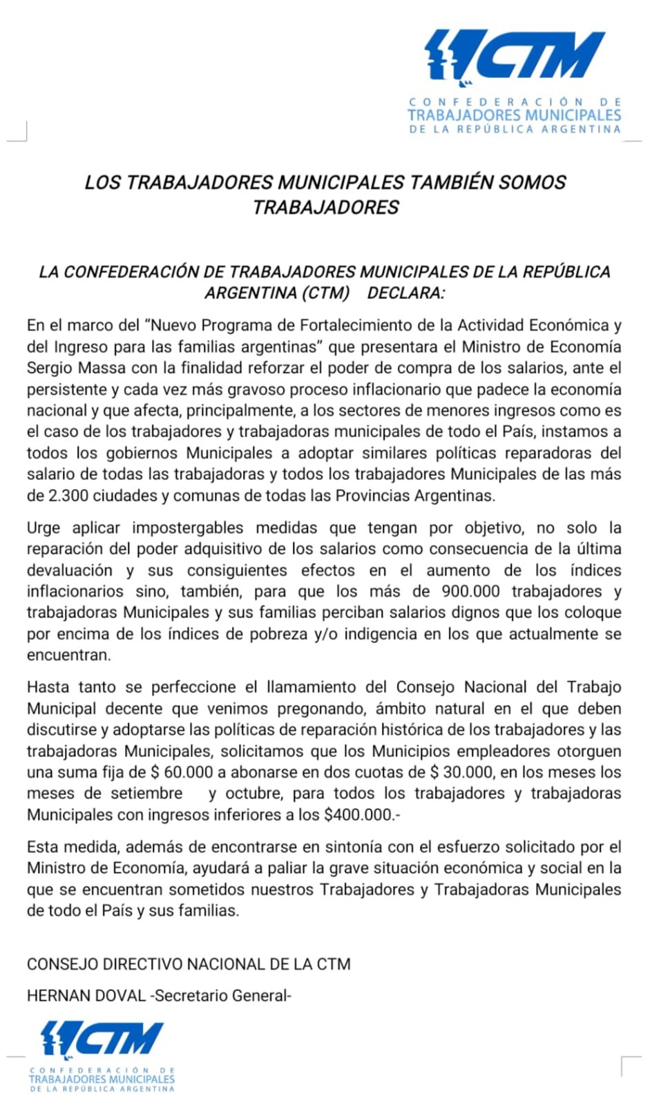 Municipales de nacion piden bonos anunciados por el gobierno