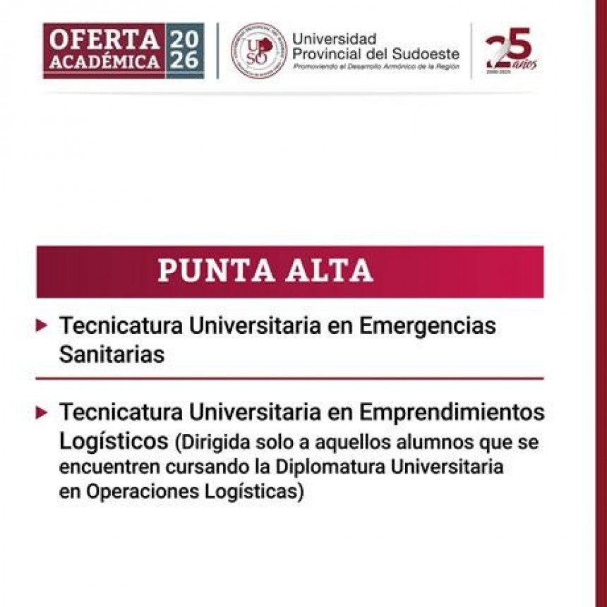 Oferta acad&eacute;mica 2026 de la UPSO en Punta Alta